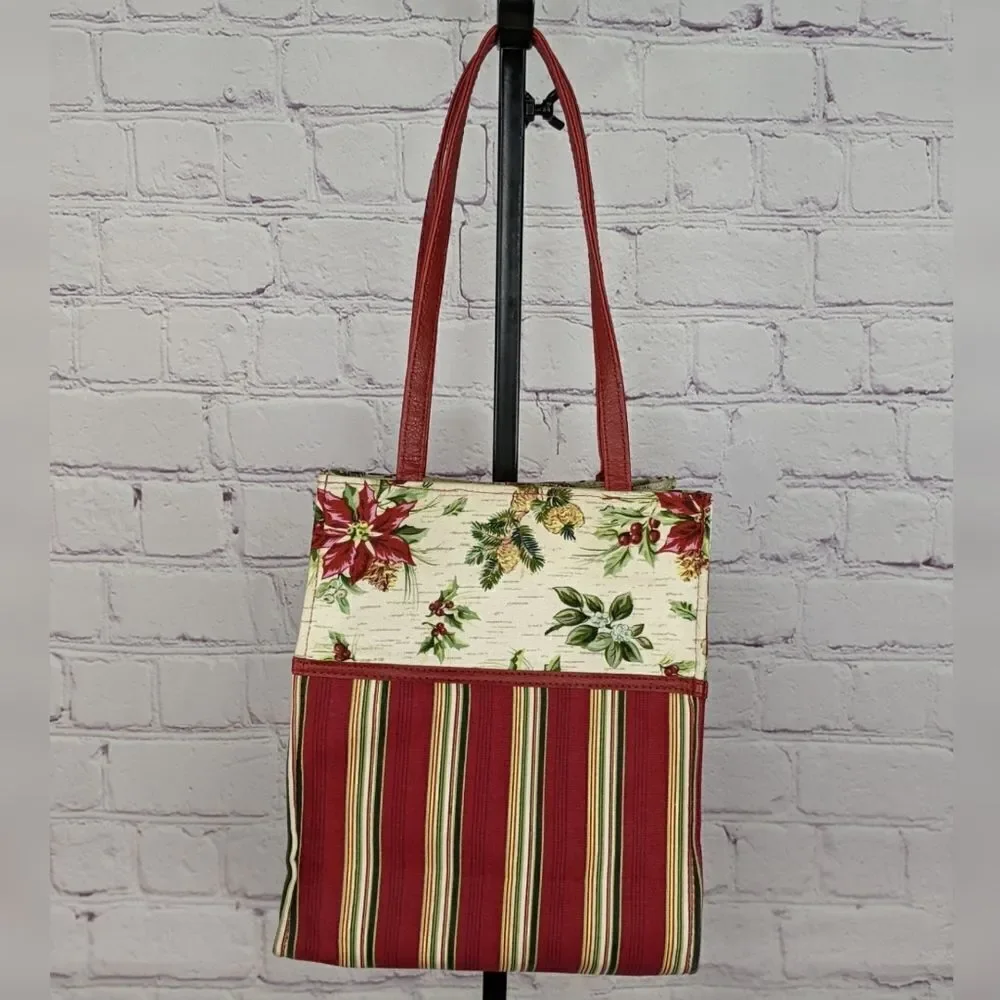 Longaberger Christmas Tote Bag Striped Canvas ~ Holly Poinsettia with Handles